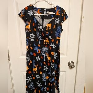 Black Dress with Deer and Snowflake Print